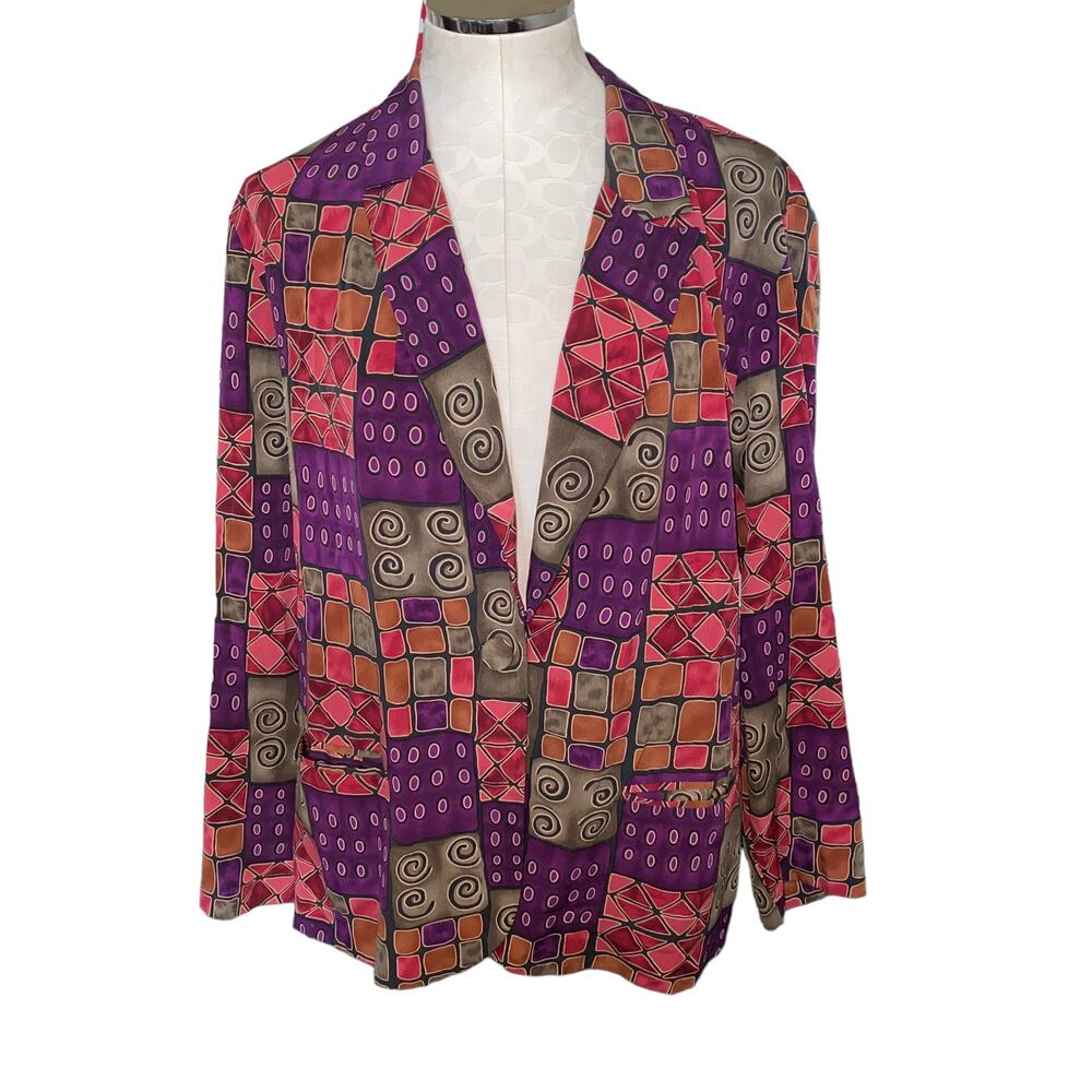 Vintage Retro abstract print one button Blazer Michael Taylor Petite Large